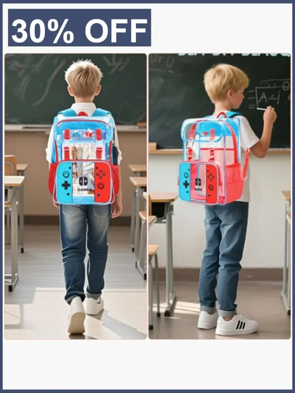 Kids Clear Backpack Boys Gamer Design Heavy Duty PVC Transparent Bookbag with